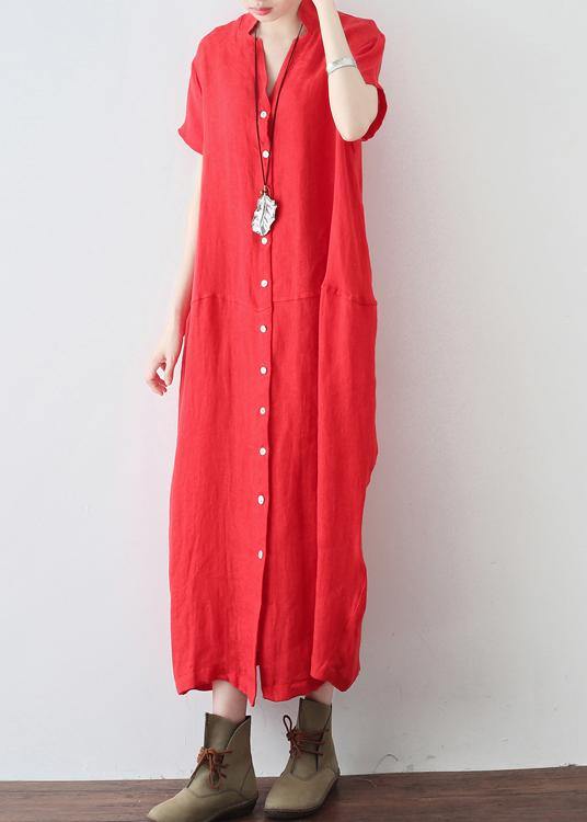 Unique Red Low High Design V Neck Linen Summer Robe - SooLinen