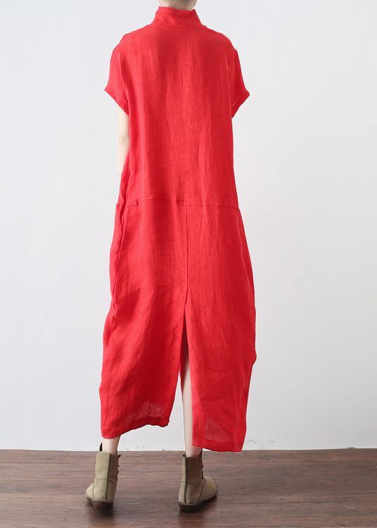 Unique Red Low High Design V Neck Linen Summer Robe - SooLinen