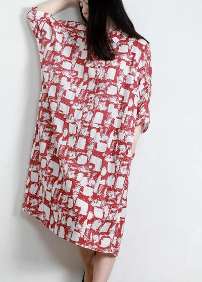 Unique Red Print Cotton Pockets Patchwork Summer Vacation Dresses - SooLinen