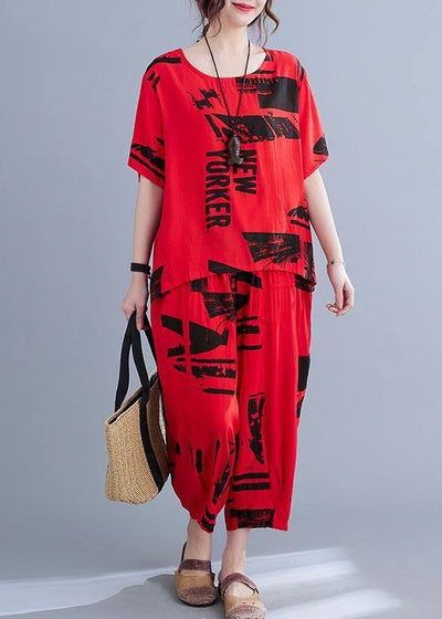 Unique Red Print O-Neck Two Pieces Set Summer - SooLinen