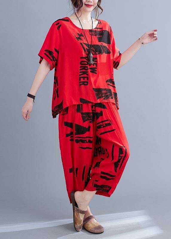 Unique Red Print O-Neck Two Pieces Set Summer - SooLinen