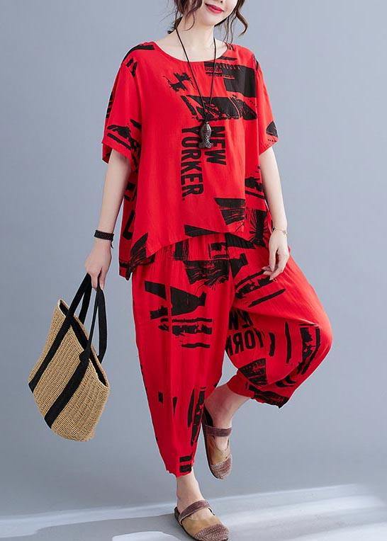 Unique Red Print O-Neck Two Pieces Set Summer - SooLinen