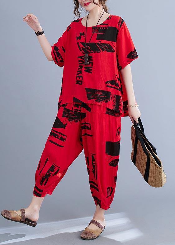 Unique Red Print O-Neck Two Pieces Set Summer - SooLinen