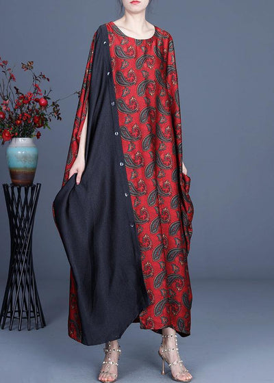 Unique Red Print Patchwork Long Dresses Summer Spring - SooLinen