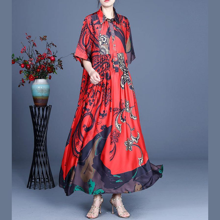 Unique Red Print asymmetrical design Mid Dress Summer Silk - SooLinen