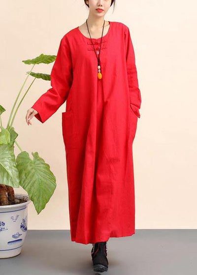 Unique Red Tunics O Neck Pockets Robe Spring Dresses - SooLinen