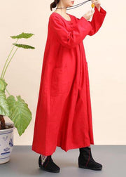 Unique Red Tunics O Neck Pockets Robe Spring Dresses - SooLinen