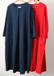 Unique Red Tunics O Neck Pockets Robe Spring Dresses - SooLinen