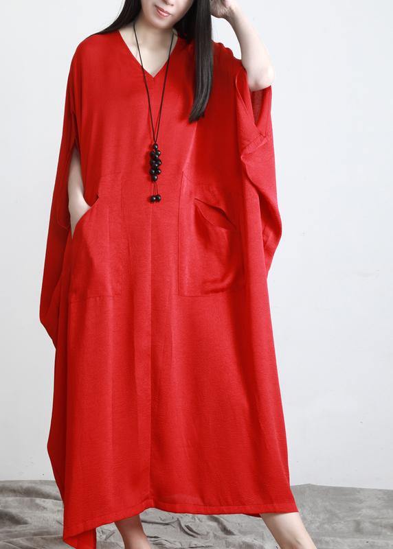 Unique Red asymmetrical design Batwing Sleeve Summer Chiffon Dress - SooLinen