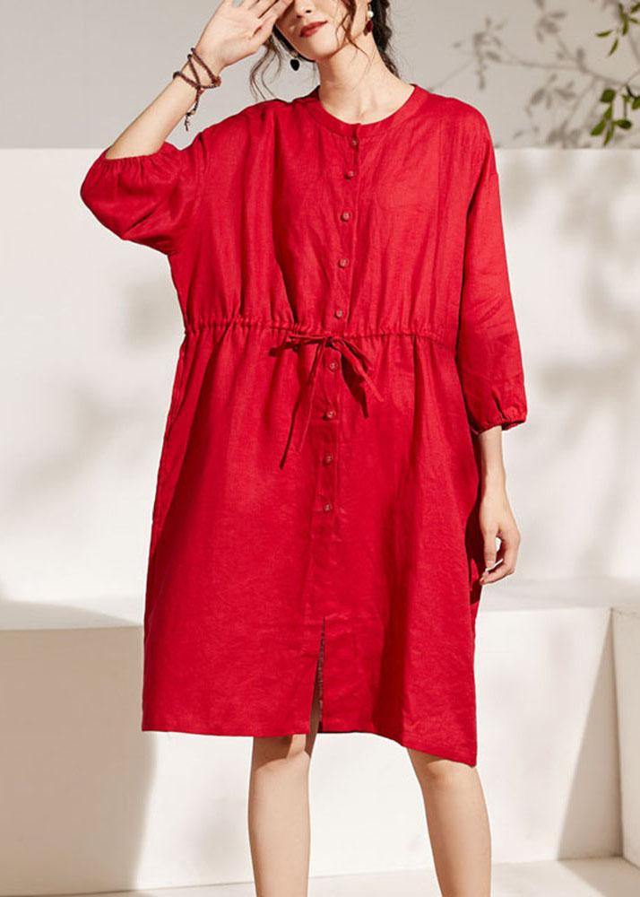 Unique Red lantern Sleeve Tie waist Button Summer Ramie Vacation Dresses Half Sleeve - SooLinen