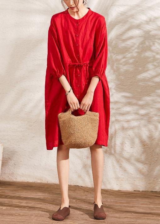 Unique Red lantern Sleeve Tie waist Button Summer Ramie Vacation Dresses Half Sleeve - SooLinen