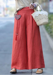 Unique Red wrinkled Embroideried Pendant Linen wide leg Pants Spring