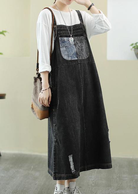 Unique Slash neck Hole Long dress Sewing denim black Plus Size Dress - SooLinen