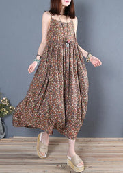 Unique Spaghetti Strap Cinched cotton summer dresses pattern chocolate print Maxi Dress - SooLinen