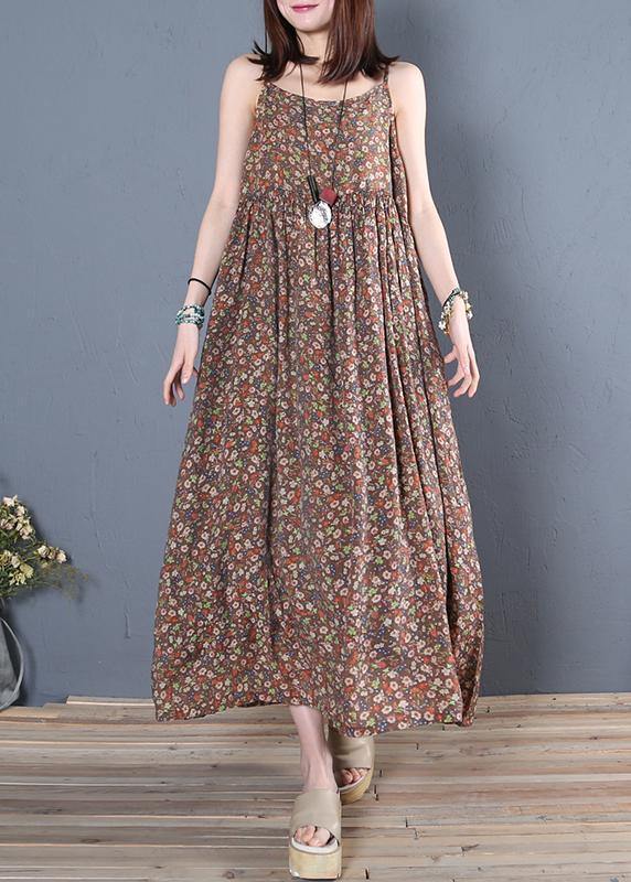 Unique Spaghetti Strap Cinched cotton summer dresses pattern chocolate print Maxi Dress - SooLinen