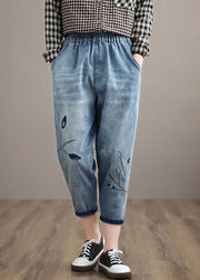 Unique Spring Trousers Casual Denim Blue Wardrobes Elastic Waist Leaf Pant - SooLinen