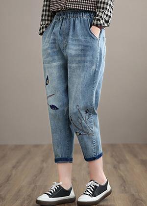 Unique Spring Trousers Casual Denim Blue Wardrobes Elastic Waist Leaf Pant - SooLinen