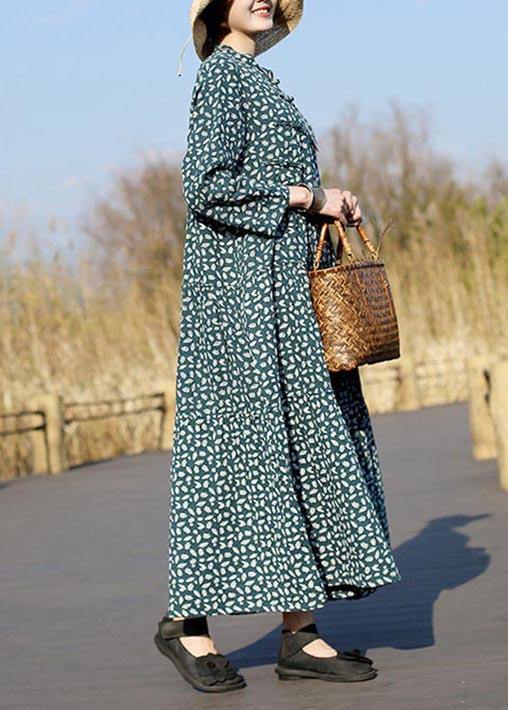 Unique Stand Collar Patchwork Spring Tunics Lnspiration Green Print Maxi Dresses - SooLinen