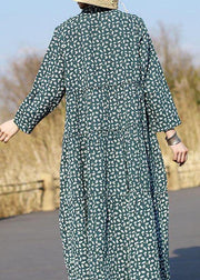 Unique Stand Collar Patchwork Spring Tunics Lnspiration Green Print Maxi Dresses - SooLinen