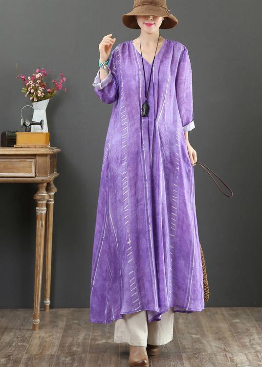 Unique V Neck large hem Spring Tunics Pattern Purple A Line Dress - SooLinen