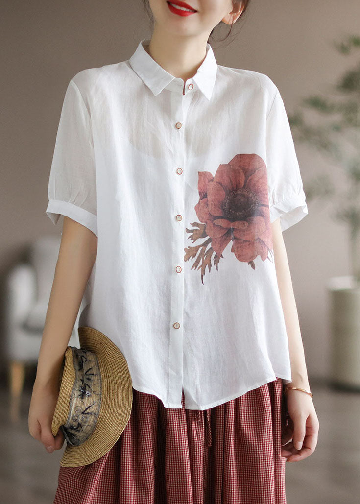 Unique White Button Peter Pan Collar Linen Shirt Tops Short Sleeve