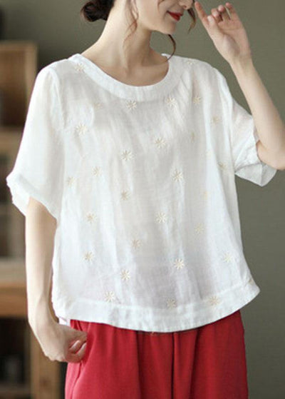 Unique White O-Neck Embroideried Summer Ramie Shirt Half Sleeve - SooLinen