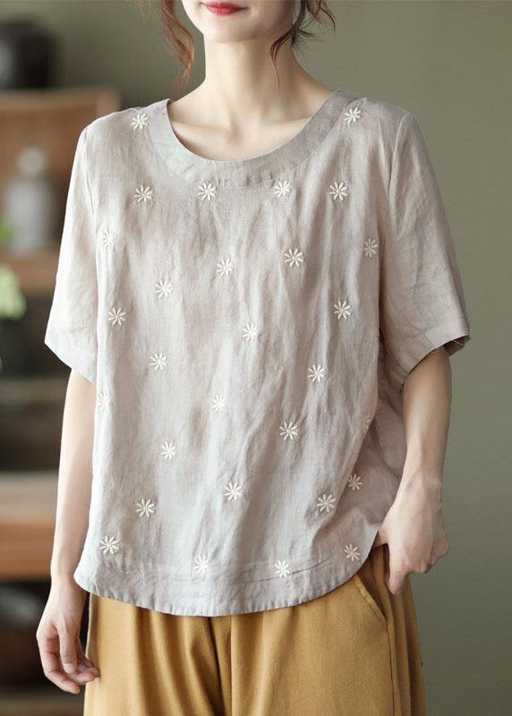 Unique White O-Neck Embroideried Summer Ramie Shirt Half Sleeve - SooLinen