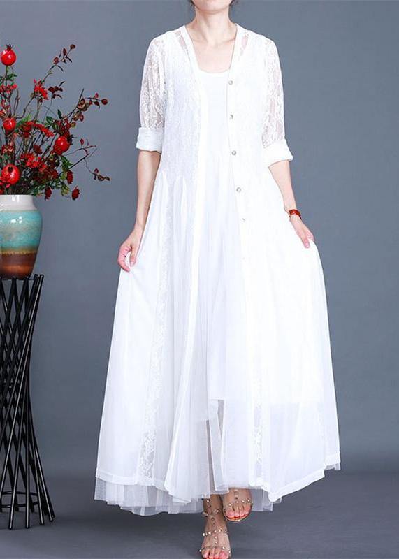 Unique White Summer Button Lace Long Cardigans - SooLinen