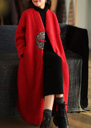 Unique White V Neck Embroideried Patchwork Winter Thick Coats Wool Overcoat