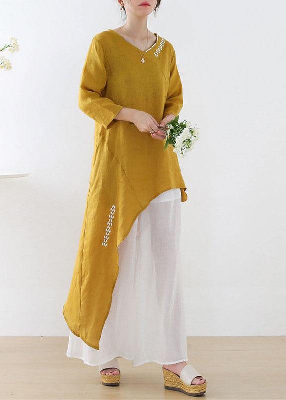 Unique Yellow Asymmetrical design O-Neck Shirts Fall - SooLinen