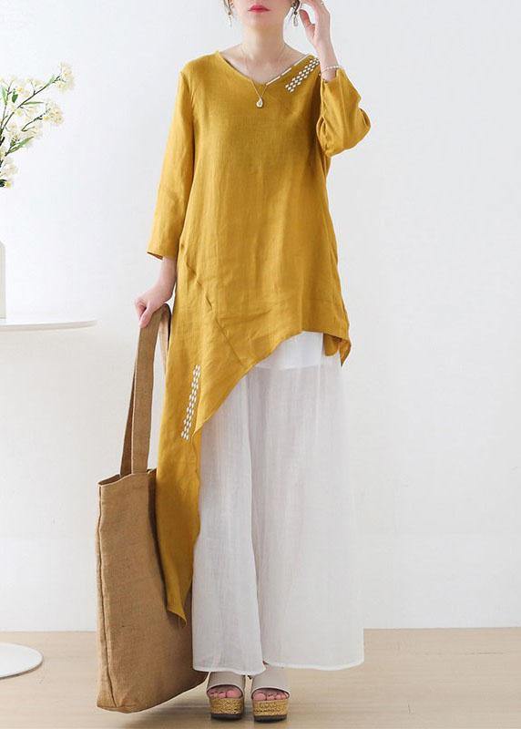 Unique Yellow Asymmetrical design O-Neck Shirts Fall - SooLinen