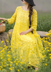 Unique Yellow Embroidery Tunic Dress O Neck Half Sleeve Maxi Dresses - SooLinen