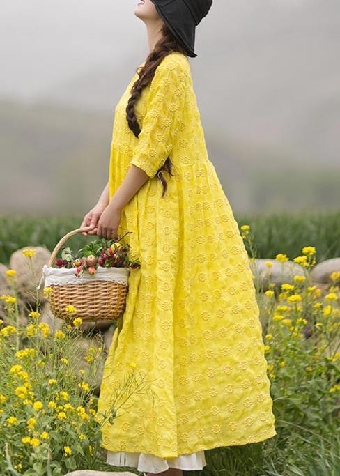 Unique Yellow Embroidery Tunic Dress O Neck Half Sleeve Maxi Dresses - SooLinen