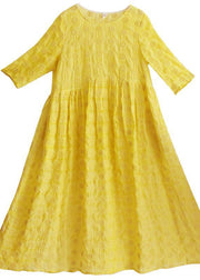 Unique Yellow Embroidery Tunic Dress O Neck Half Sleeve Maxi Dresses - SooLinen