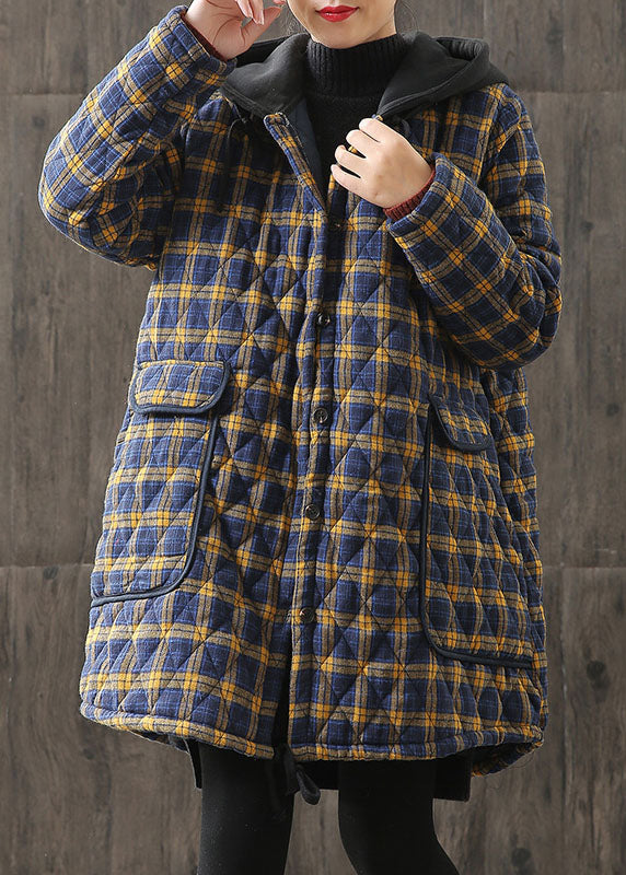 Einzigartige gelbe Kapuzen-Plaid-Taschen Baumwollparkas Winter