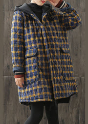 Unique Yellow Hooded Plaid Pockets Cotton Parkas Winter