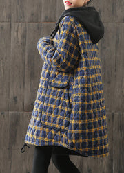 Unique Yellow Hooded Plaid Pockets Cotton Parkas Winter