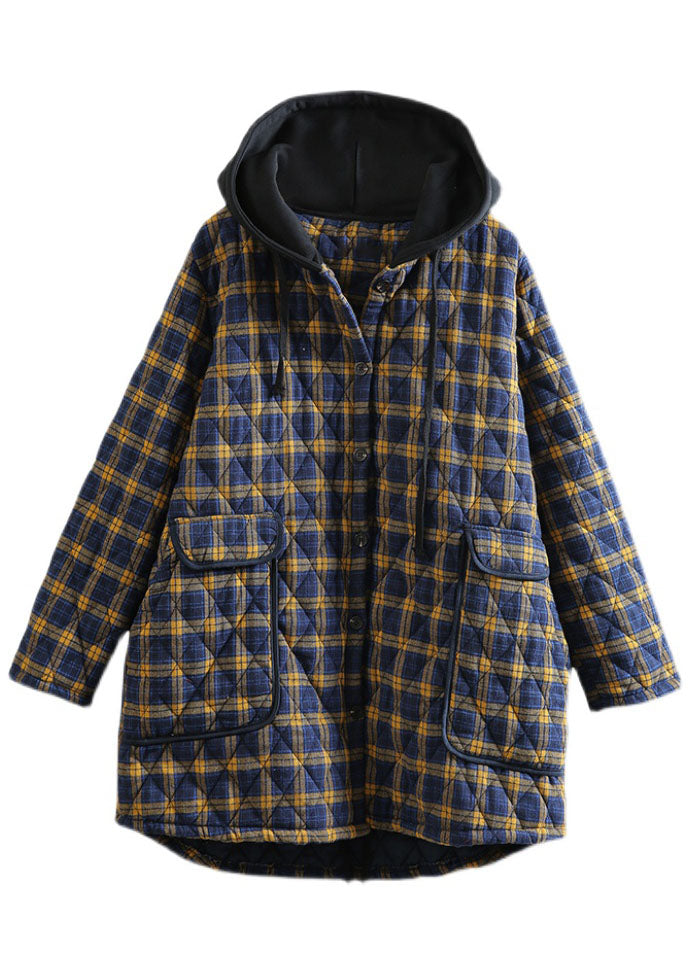 Unique Yellow Hooded Plaid Pockets Cotton Parkas Winter