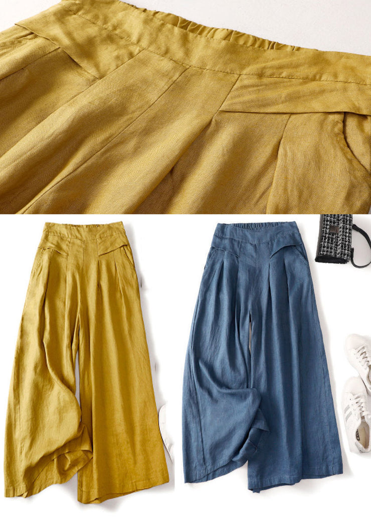 Unique Yellow Pockets Elastic Waist Linen Pants Summer