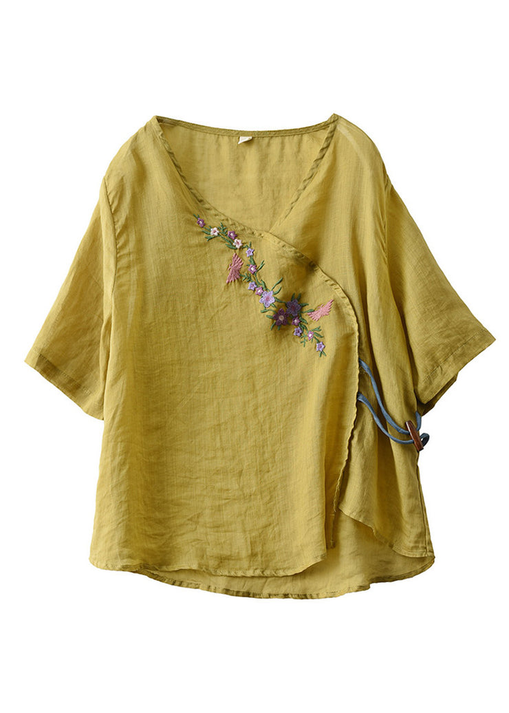 Unique Yellow V Neck Embroideried Floral Linen T Shirt Half Sleeve