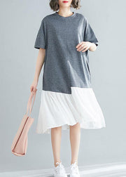 Unique asymmetric patchwork cotton Tunic Shirts gray short sleeve Traveling Dresses summer - SooLinen