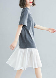 Unique asymmetric patchwork cotton Tunic Shirts gray short sleeve Traveling Dresses summer - SooLinen