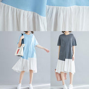 Unique asymmetric patchwork cotton Tunic Shirts gray short sleeve Traveling Dresses summer - SooLinen