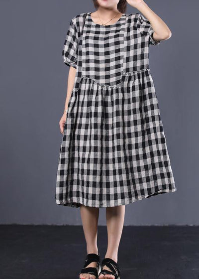 Unique black plaid cotton Tunics ruffles patchwork summer Dresses - SooLinen