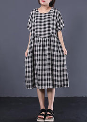 Unique black plaid cotton Tunics ruffles patchwork summer Dresses - SooLinen