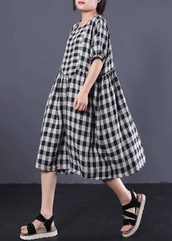 Unique black plaid cotton Tunics ruffles patchwork summer Dresses - SooLinen