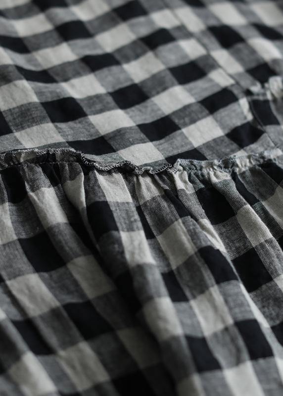 Unique black plaid cotton Tunics ruffles patchwork summer Dresses - SooLinen