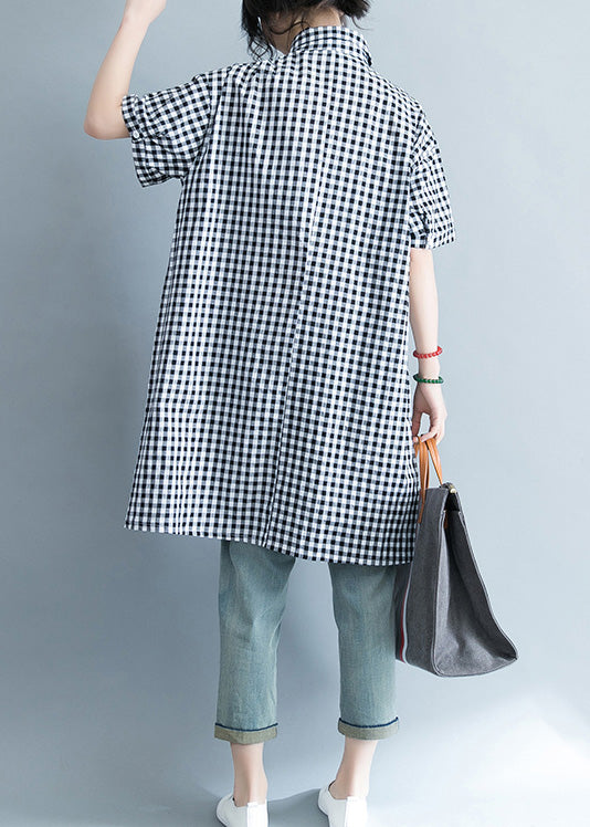 Unique black white plaid cotton linen shirts women stylish lapel pockets oversized Summer shirts