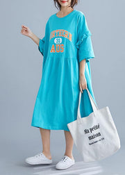 Unique blue alphabet prints cotton Long Shirts ruffles sleeve Maxi summer Dresses - SooLinen