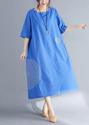 Unique blue cotton tunics for women fine Outfits o neck embroidery A Line Summer Dresses - SooLinen